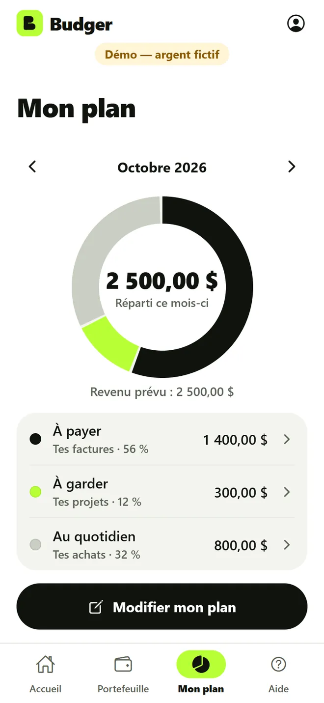 Mon plan : 2 500 dollars répartis en À payer, À garder et Au quotidien.